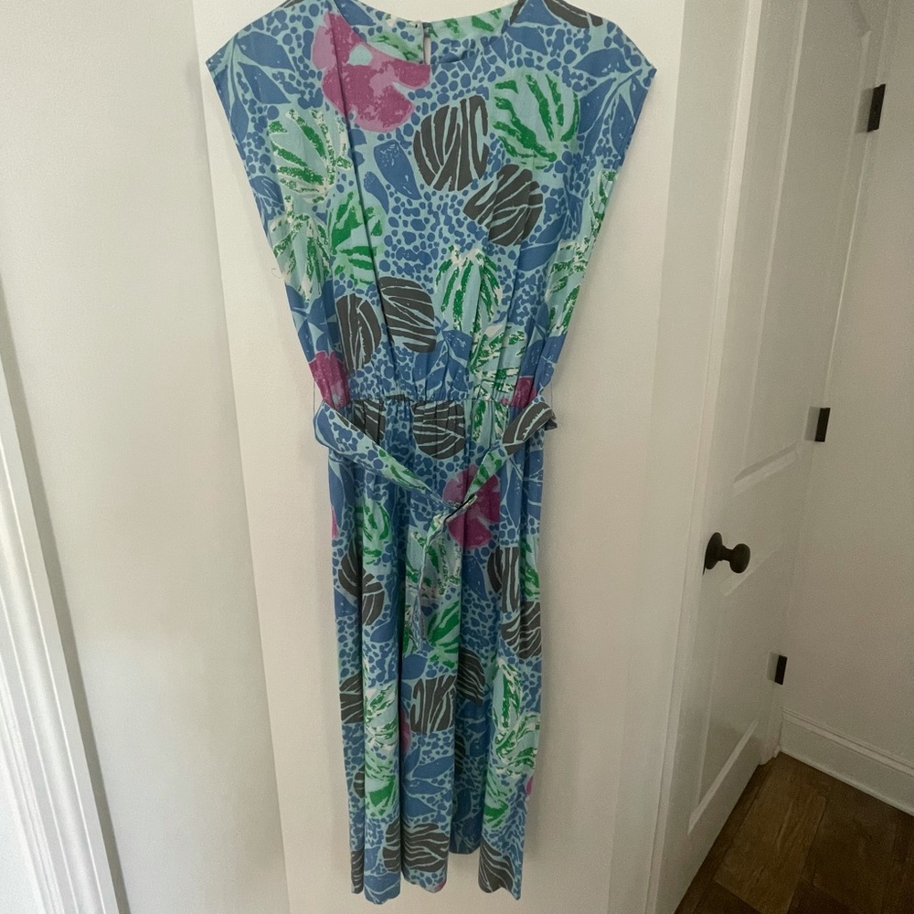 Vintage Belted Tropical Midi Dress, believed to be M-L, but no size listed.